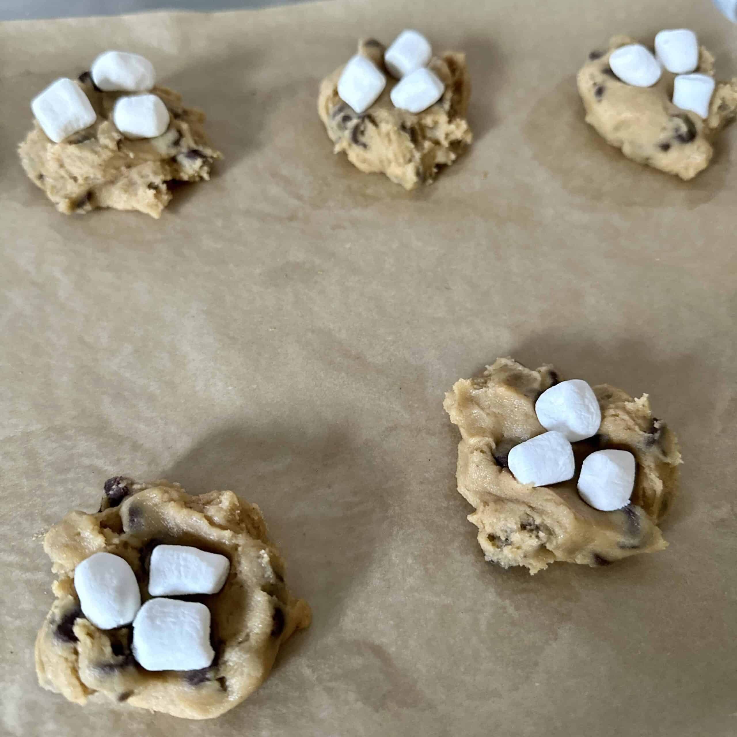 chocolate chip and marshmallow cookies ready to put in the oven